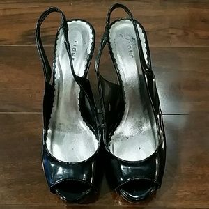 Fioni black patent & cork wedges